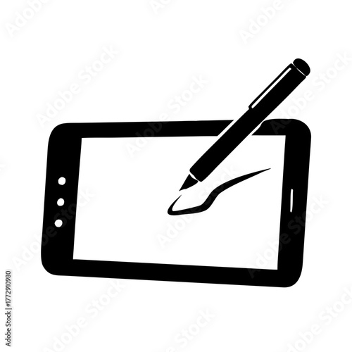 Illustration of a tablet with a stylus drawing a line on the screen in black and white style