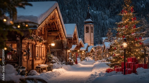 Festive Winter Village Scene at Night with Christmas Tree and Holiday Decorations in a Snowy Landscape