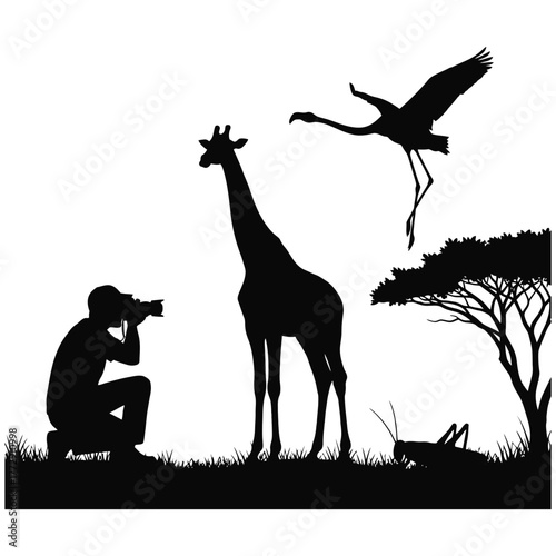 Silhouette of photographer taking picture of giraffe flamingo and acacia tree camera shooting