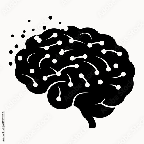 Illustration of a black brain with white connections and scattered dots on a white background art