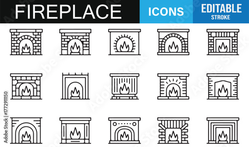 Editable Stroke Fireplace Icons | Minimalist Vector Outline of Fireplaces and Winter Heating Equipment