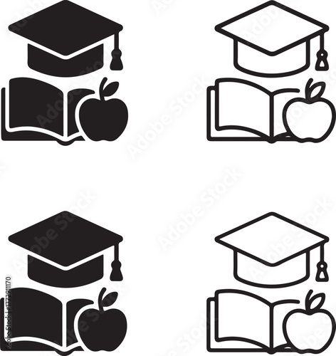 Isolated education icon set, learning school study knowledge symbols vector, editable four style minimal line outline filled design, student, classroom, academic icons for buyers