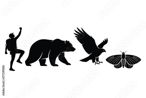 Silhouettes of Hiker Bear Eagle and Moth on White Background backpacker grizzly bear