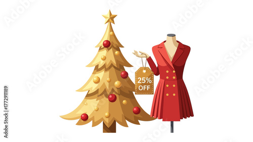 Festive Fashion Promotion: A golden Christmas tree shines beside a mannequin dressed in a vibrant red coat, offering a tempting 25% discount.