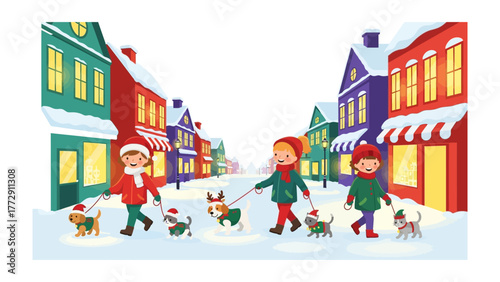 Winter Wonderland Stroll: A charming winter scene unfolds as three children happily stroll down a snow-covered street, each accompanied by their adorable dogs.