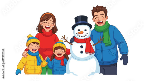 Winter Wonderland Family: A happy family poses beside their handcrafted snowman, enjoying the warmth of togetherness on a crisp winter day. A heartwarming scene of family, happiness.