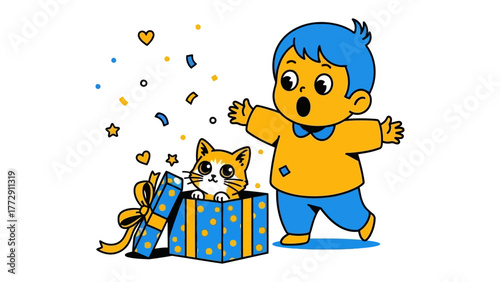 Unveiling the Surprise: A little child expresses delight at the sight of a kitten emerging from a gift box, confetti fills the air. It's a moment of pure wonder and unexpected joy.
