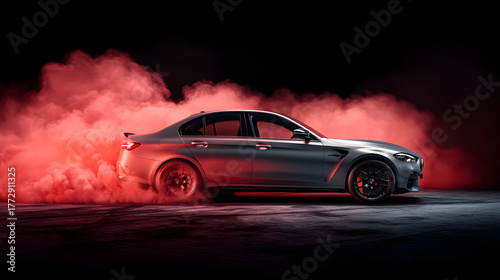 Sleek silver sedan drifting through vibrant red smoke in a dramatic automotive scene
