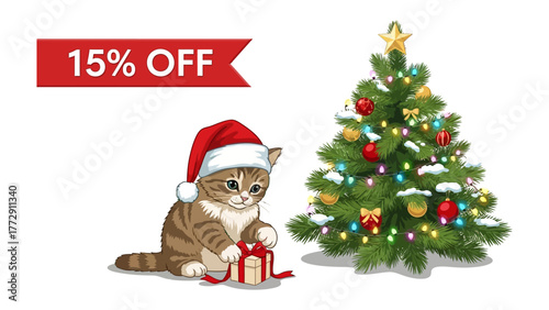 Christmas Cat and Tree: A festive illustration of a charming cat, donning a Santa hat, unwrapping a gift next to a twinkling Christmas tree, symbolizing the joy and anticipation of the holiday season.