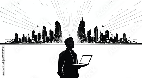 Man with laptop gazes at futuristic cityscape symbolizing ambition and global connection