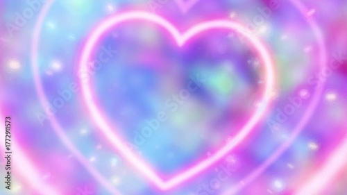A glowing neon heart shape is centered on a dreamy pastel background with soft pink blue and purple hues sparkling light effects and a magical romantic atmosphere