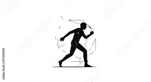Dynamic silhouette of a person running forward, surrounded by abstract geometric lines, representing progress and movement.