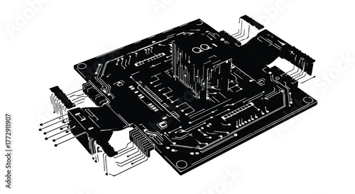 Intricate electronic circuit board with connected wires, showcasing advanced technology and engineering.
