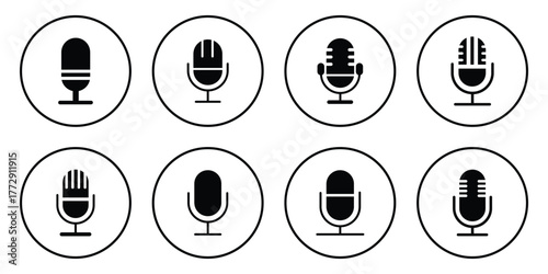 Microphone Icons set. Podcast microphone. Karaoke mic web and mobile app icons. Voice vector icon, Record. Microphone - recording Studio Symbol. eps 10