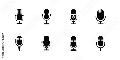 Microphone icon set. black vector icon. microphone logo icon vector. Mic, voice recorder concept.  various types of microphones.  