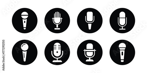 Microphone icon set. black vector icon. microphone logo icon vector. Mic, voice recorder concept.  various types of microphones.  