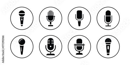 Microphone icon set. black vector icon. microphone logo icon vector. Mic, voice recorder concept.  various types of microphones.  