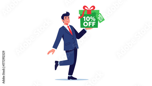 Special Offer: A businessman holds a gift box with a prominent 10% OFF label, emphasizing a promotional deal.