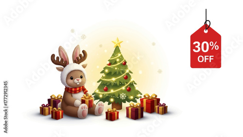 Festive Discount: A cheerful scene with a decorated Christmas tree, charming deer toy, surrounded by gift boxes, celebrating the holiday season with a 30% off discount tag.