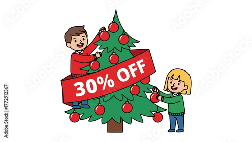 Holiday Savings: A joyful scene unfolds as a duo decorates a vibrant tree, intertwined with a ribbon advertising a tempting 30% discount, igniting the holiday season's appeal.