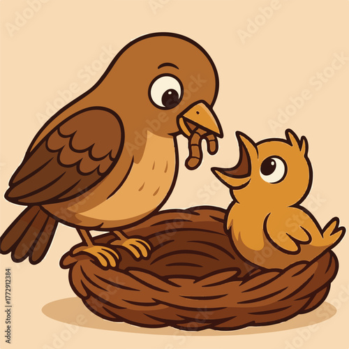cartoon vector image of a bird feeding its chicks