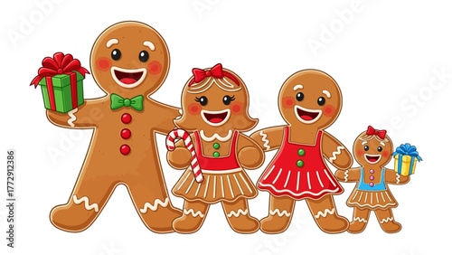 Gingerbread Family Portrait: A cheerful gingerbread family stands side by side, radiating holiday joy. A father holds a present, while the mother and children display sweets, symbolizing togetherness
