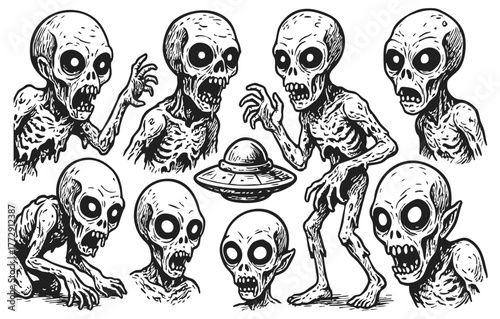 Creepy alien zombie illustration with ufo, generative ai
