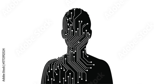 Human silhouette integrated with digital circuit board patterns, symbolizing artificial intelligence and technology.