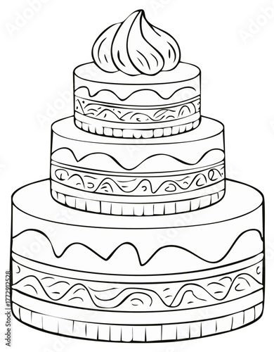 Detailed Three Tier Cake Vector Illustration for Coloring, Outlined Pastry Design