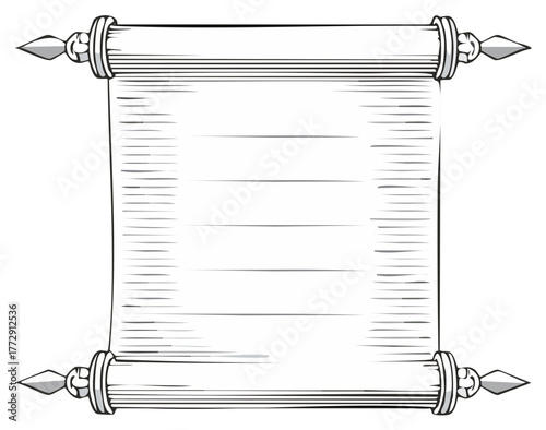 Scroll with decorative finials outline illustration for message announcement or medieval letter