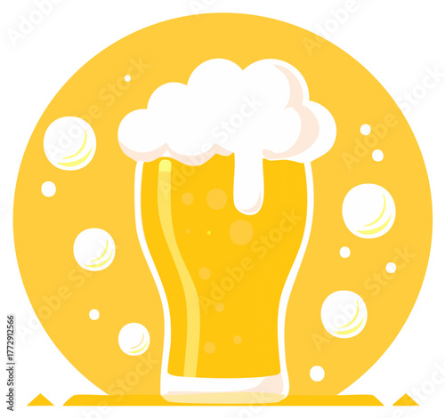 Glass of cold light beer with white foam and bubbles vector illustration
