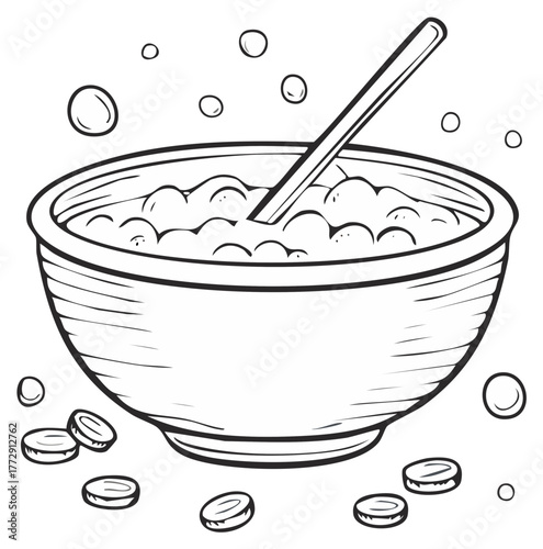 Line Art Drawing of a Magical Cauldron or Soup Bowl with a Stirring Spoon Bubbles and Coins