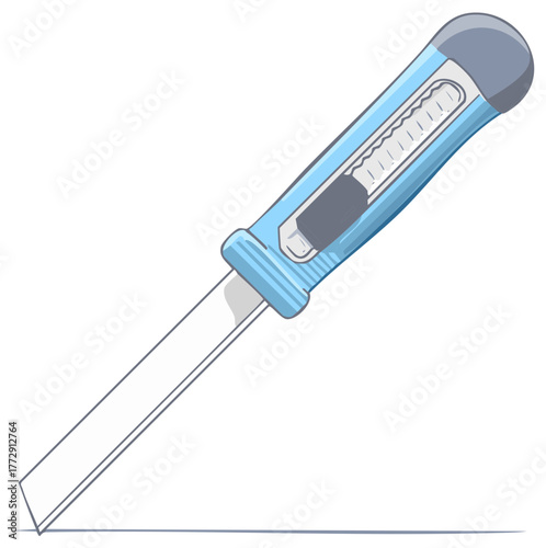 Illustration of a blue and gray utility knife with a sharp blade for arts and crafts projects