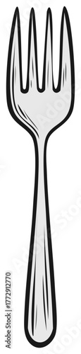 Graphic illustration of a silver dinner fork with a bold black outline