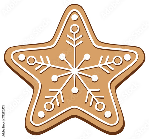 Festive gingerbread star cookie adorned with intricate white icing and a delicate snowflake pattern