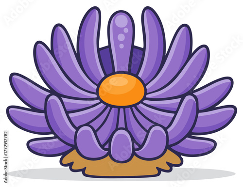 Vibrant purple aquatic organism with soft flowing petals and a cheerful orange core vector illustration