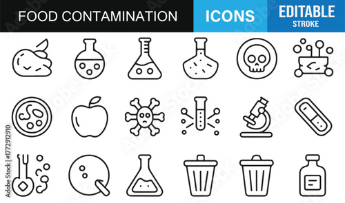 Contaminated Food Icons Collection | Vector Outline Symbols for Safety, Hygiene, and Microbiology Design