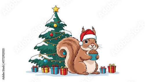 Festive squirrel with gift: A charming squirrel in a Santa hat, clutching a tiny gift amidst a cheerful Christmas tree and wrapped presents, embodies the joy and warmth of the holiday season.