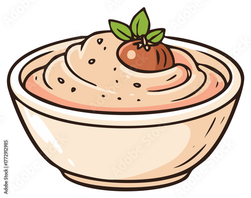 A hand drawn cartoon illustration of a creamy bowl of hummus dip garnished with an olive and fresh herbs