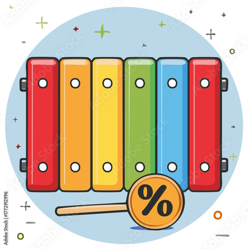 Colorful toy xylophone with a percentage sign mallet, music concept