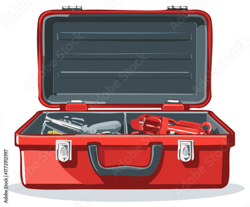 Open red toolbox filled with tools and a red revolver pistol
