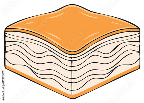 Delicious looking square baklava pastry illustration with crispy layers and sweet syrup glaze. Traditional sweet dessert.