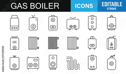 Outline Heating Device Icons | Vector Editable Stroke Gas Boiler and Radiator Collection for Design Projects