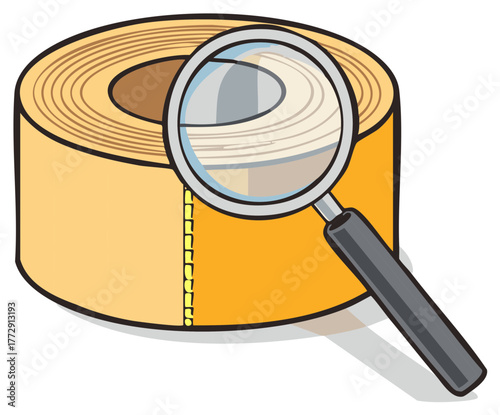Magnifying glass inspecting a beige rolled object with detailed layers and texture