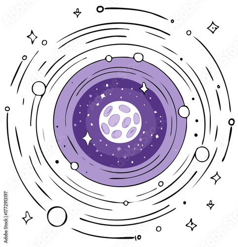 Hand Drawn Galaxy Illustration with Stars, Planets and Moon in Outer Space