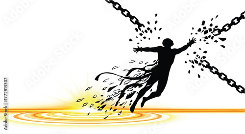 Silhouette of a person breaking free from chains, embracing liberation and new beginnings.