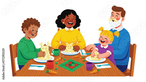 Family Mealtime: A warm depiction of a family gathered around a table, engaging in a joyful activity together, sharing smiles and creating memories.