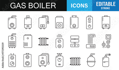 Linear Boiler and Thermostat Icons | Vector Outline Symbols for Energy, Plumbing, and HVAC Design