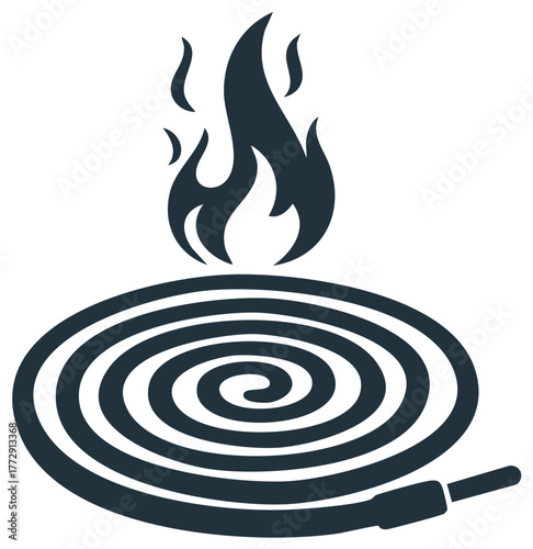 Fire and Fire Hose Illustration: Spiraled Tube with Flames Above in Dark Blue