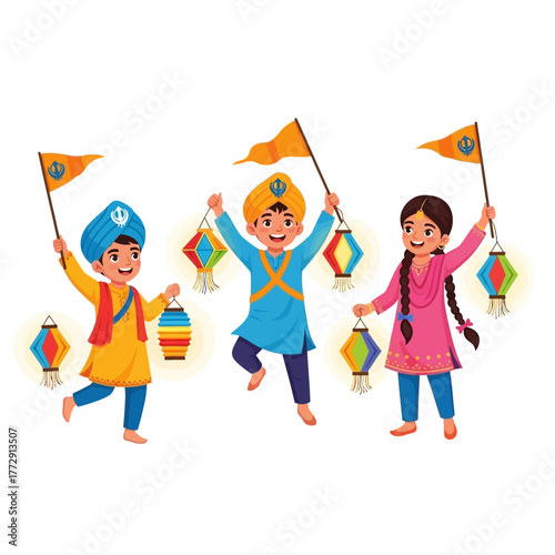 Joyful Sikh children in traditional attire celebrating Guru Nanak Jayanti with flags and colorful lanterns, a vibrant cultural festival
